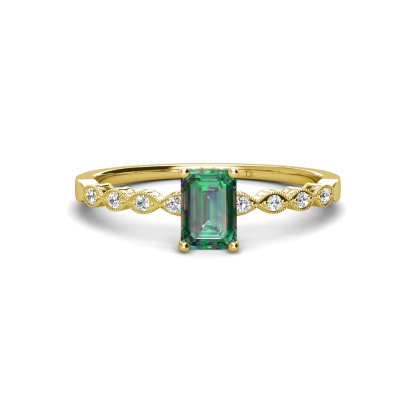 Amaira 7x5 mm Emerald Cut Lab Created Alexandrite and Round Diamond Engagement Ring  