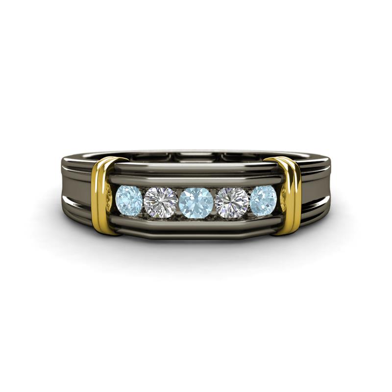 Kevin 3.00 mm Round Aquamarine and Diamond 5 Stone Men Wedding Ring 