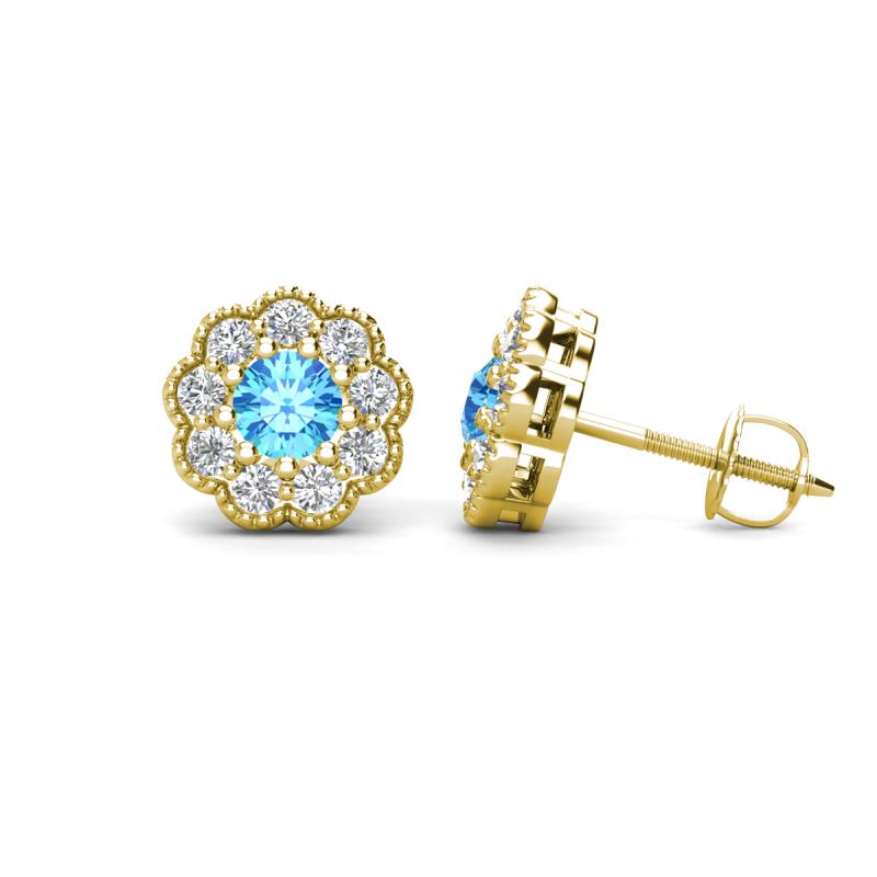 Floret 4.00 mm Round Blue Topaz and Diamond Milgrain Halo Stud Earrings 