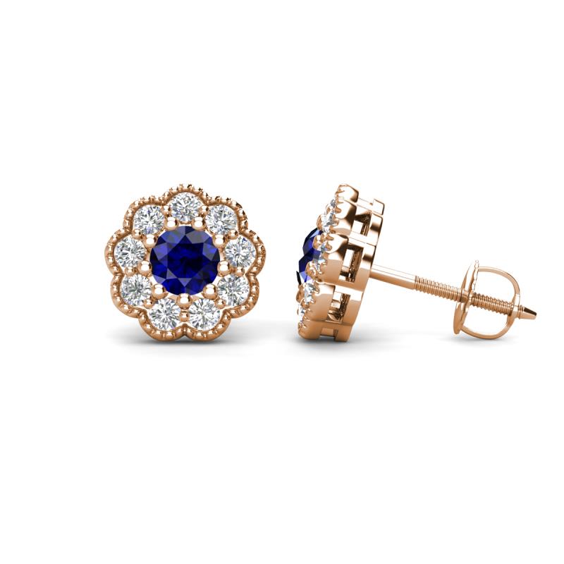 Floret 4.00 mm Round Blue Sapphire and Diamond Milgrain Halo Stud Earrings 