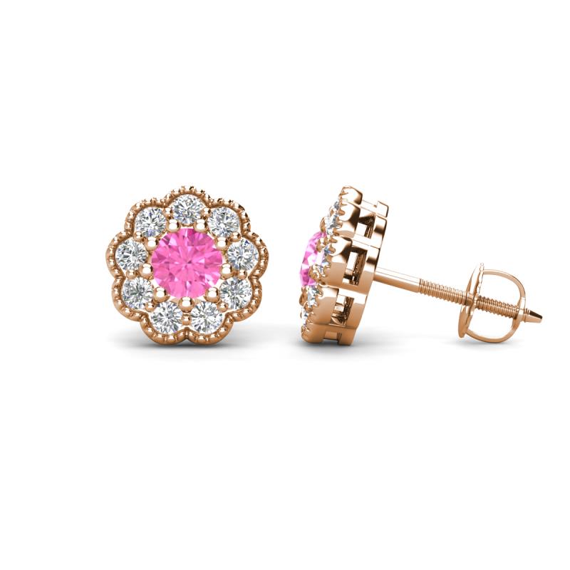 Floret 4.00 mm Round Pink Sapphire and Diamond Milgrain Halo Stud Earrings 