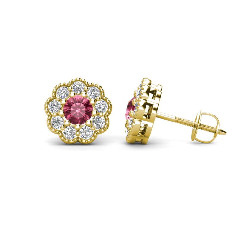 Floret 4.00 mm Round Pink Tourmaline and Lab Grown Diamond Milgrain Halo Stud Earrings 