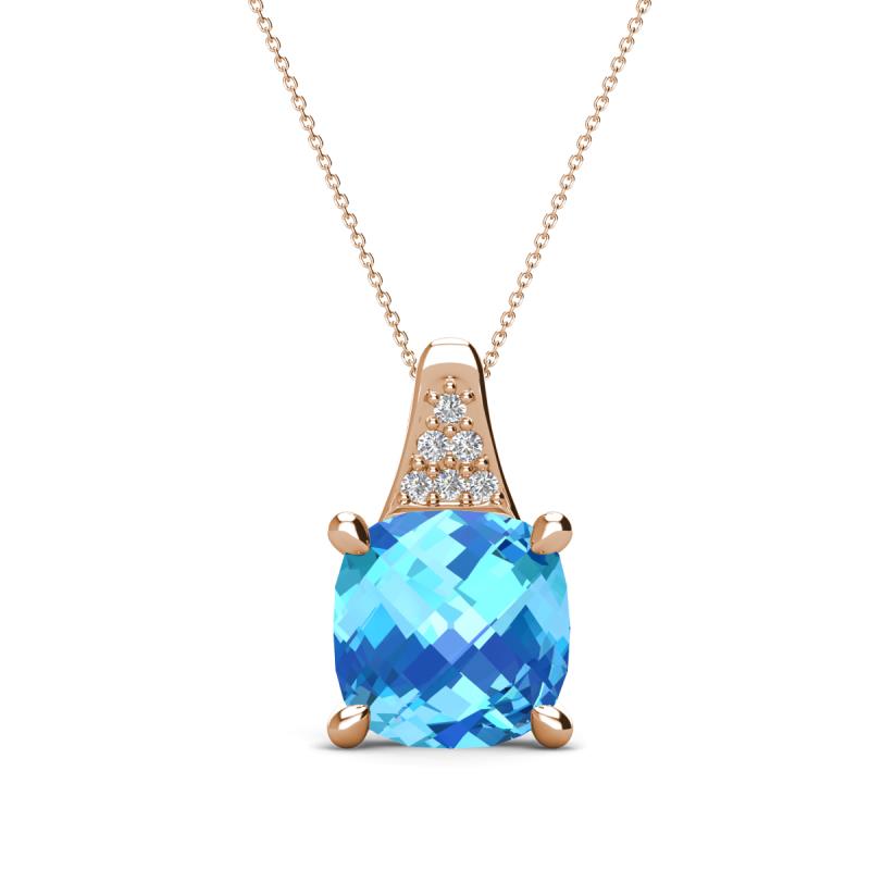 Alayna 10.00 mm Cushion Shape Checkerboard Cut Blue Topaz and Round Diamond Pendant Necklace 