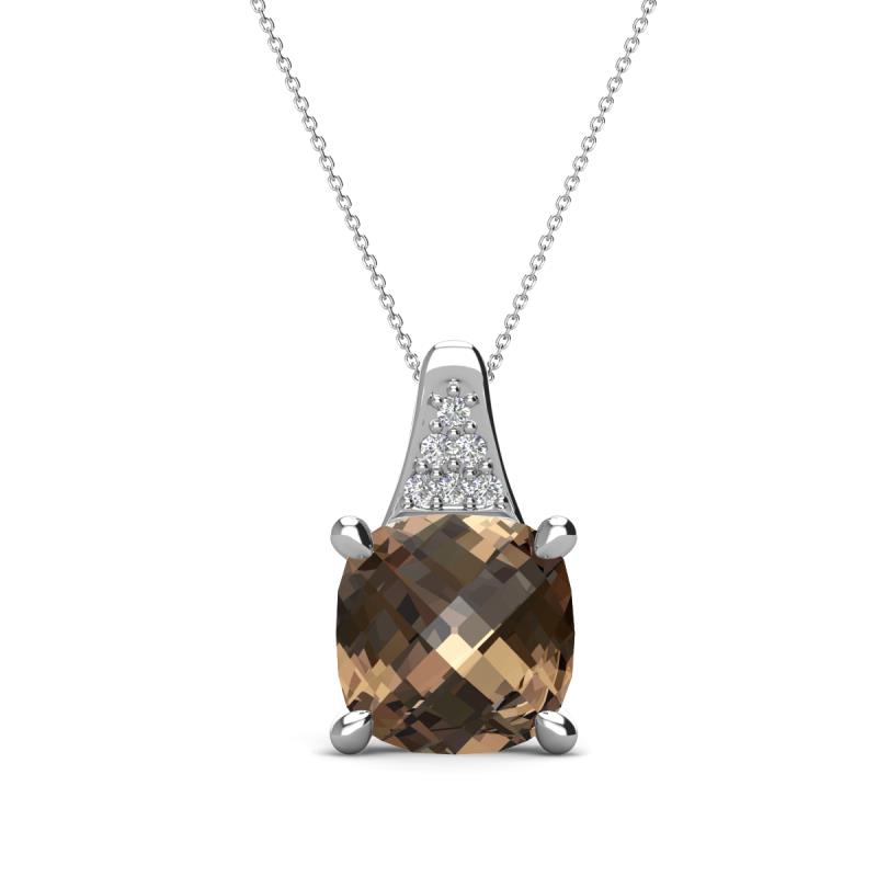 Alayna 10.00 mm Cushion Shape Checkerboard Cut Smoky Quartz and Round Diamond Pendant Necklace 