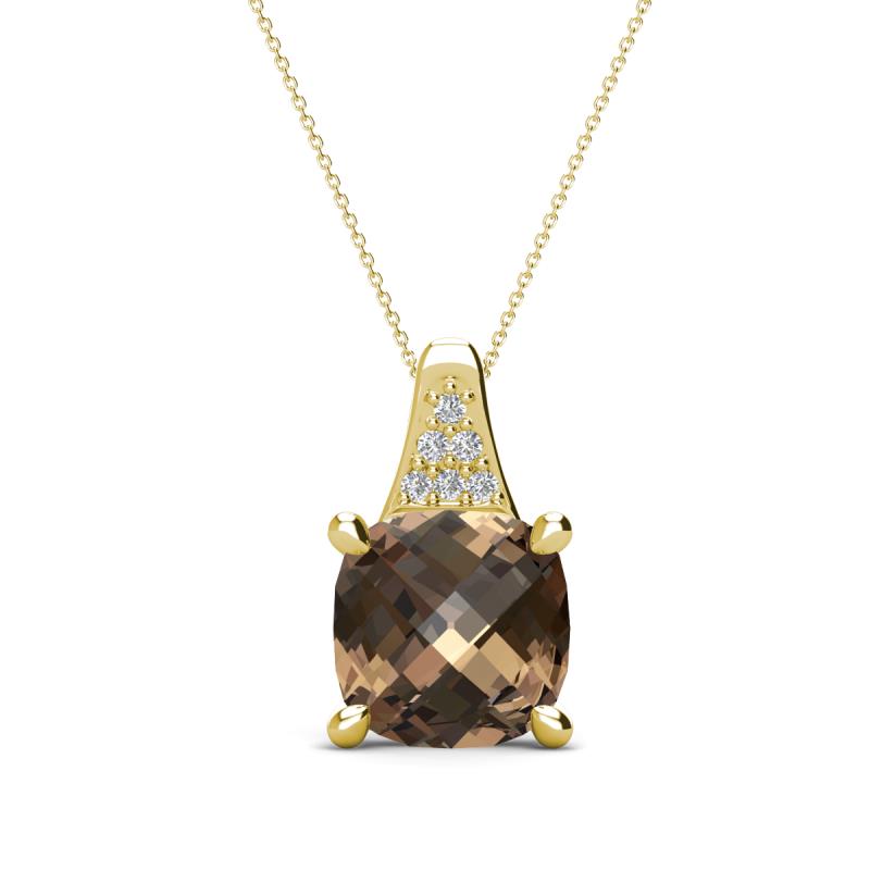 Alayna 10.00 mm Cushion Shape Checkerboard Cut Smoky Quartz and Round Diamond Pendant Necklace 