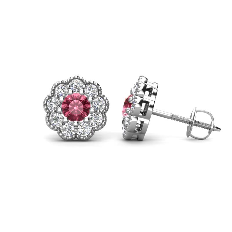 Floret 4.00 mm Round Pink Tourmaline and Diamond Milgrain Halo Stud Earrings 