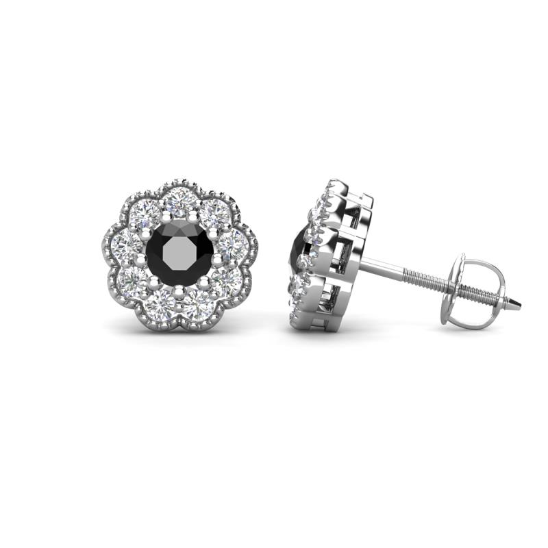 Floret 4.00 mm Round Black and White Diamond Milgrain Halo Stud Earrings 