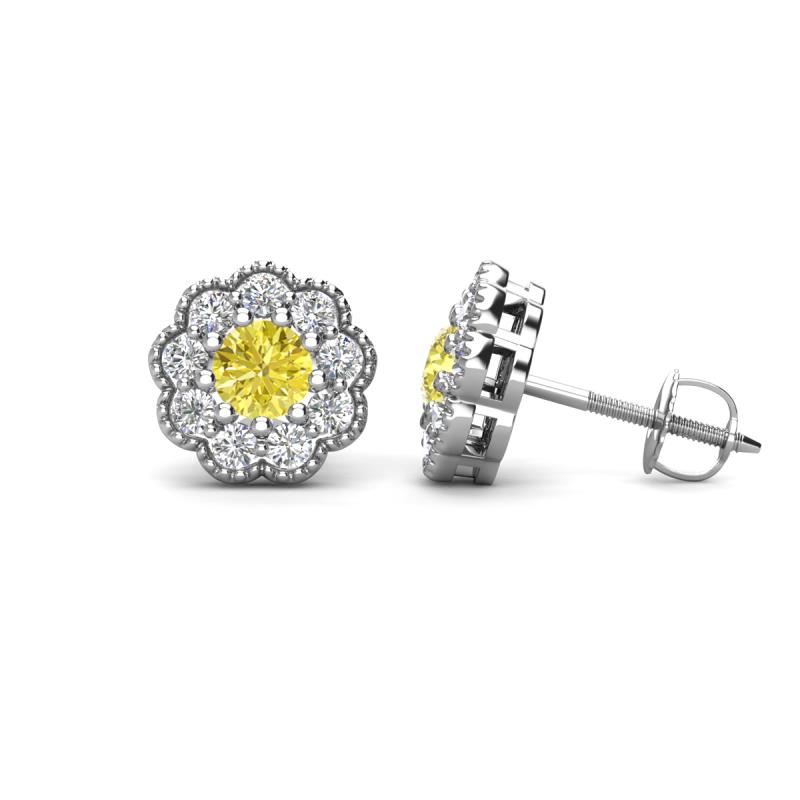 Floret 4.00 mm Round Yellow and White Diamond Milgrain Halo Stud Earrings 