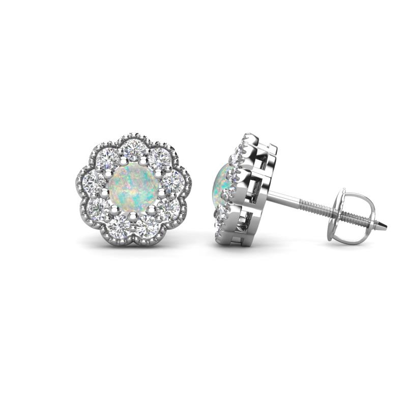 Floret 4.00 mm Round Opal and Diamond Milgrain Halo Stud Earrings 