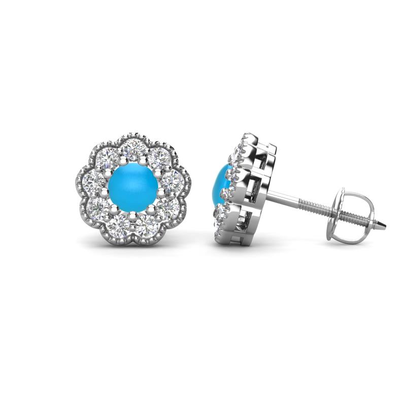 Floret 4.00 mm Round Turquoise and Diamond Milgrain Halo Stud Earrings 