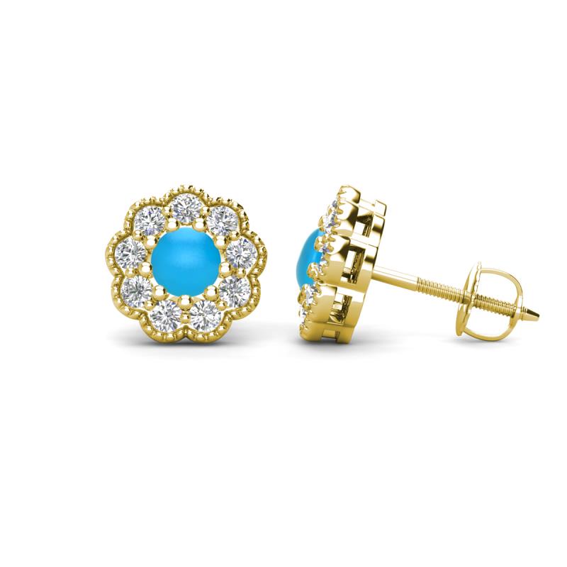 Floret 4.00 mm Round Turquoise and Diamond Milgrain Halo Stud Earrings 