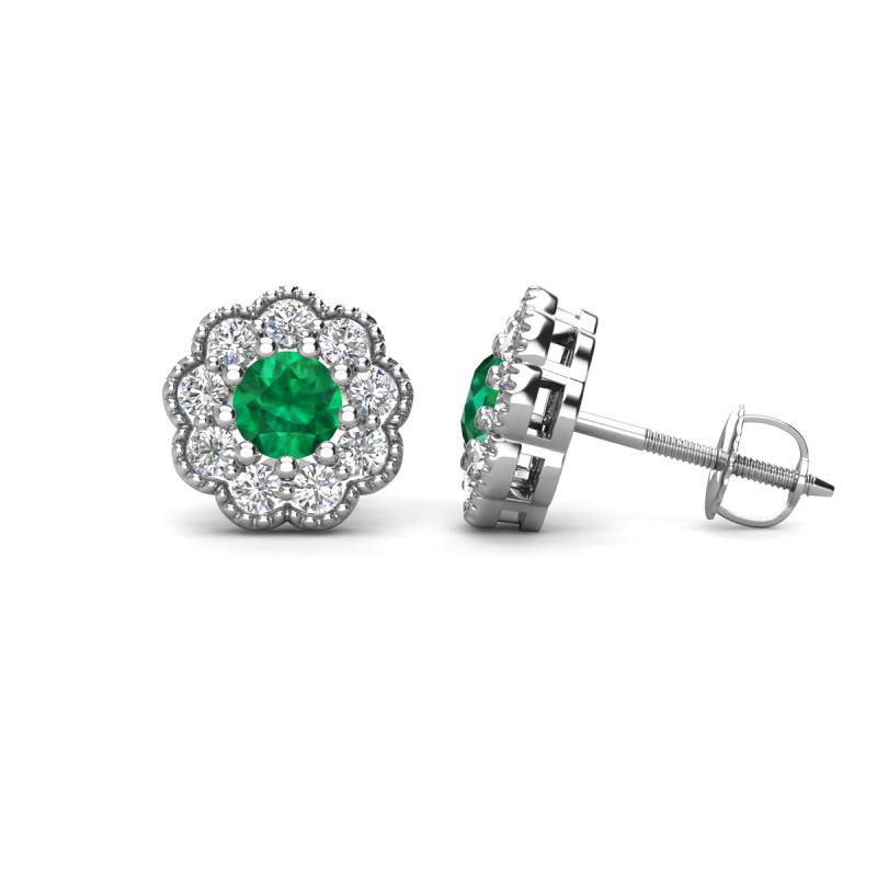 Floret 4.00 mm Round Emerald and Diamond Milgrain Halo Stud Earrings 