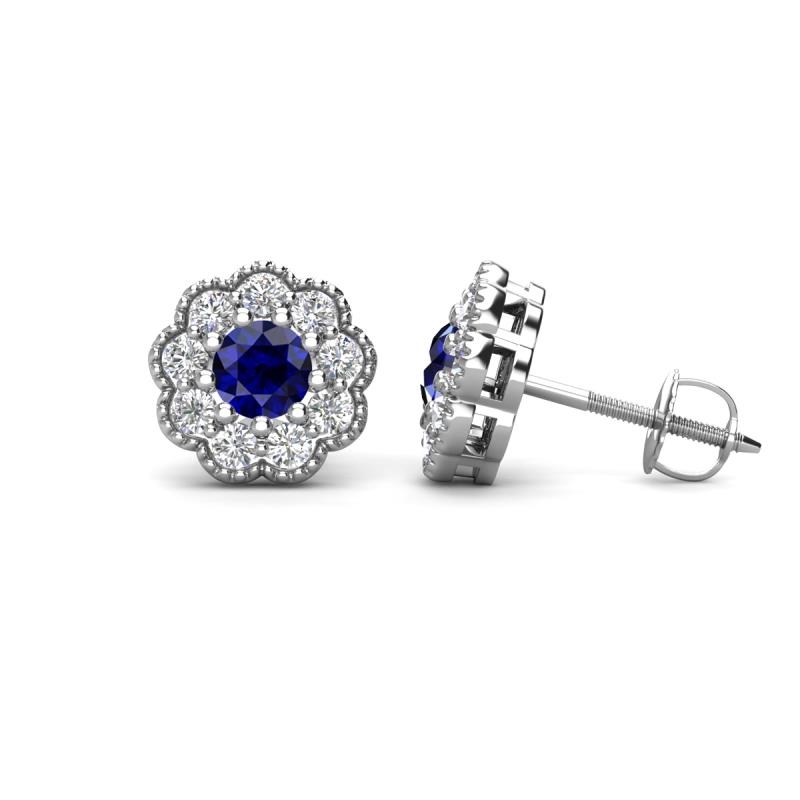 Floret 4.00 mm Round Blue Sapphire and Diamond Milgrain Halo Stud Earrings 