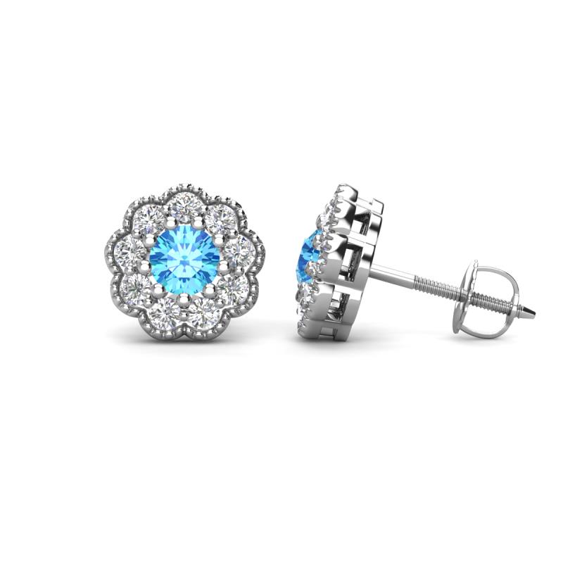 Floret 4.00 mm Round Blue Topaz and Lab Grown Diamond Milgrain Halo Stud Earrings 