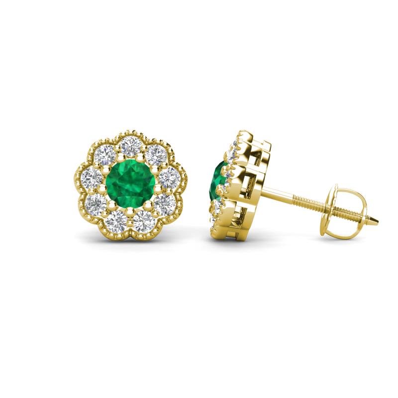 Floret 4.00 mm Round Emerald and Lab Grown Diamond Milgrain Halo Stud Earrings 