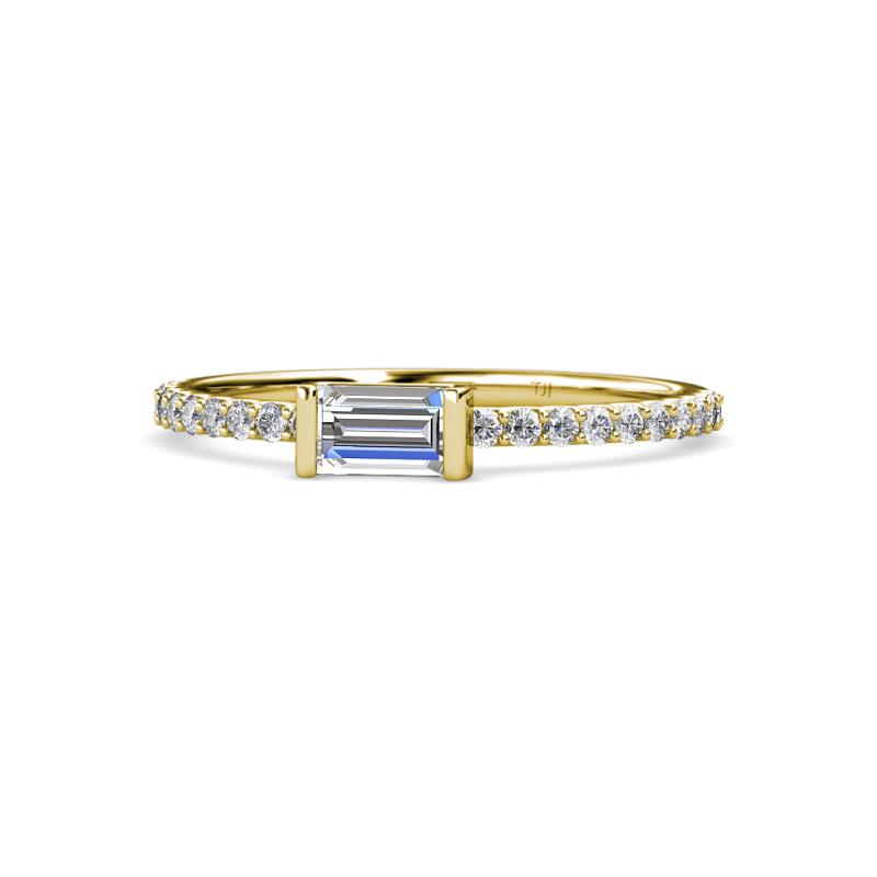 Annia 5x3 mm Bold Emerald Cut Forever Brilliant Moissanite and Round Diamond Promise Ring 