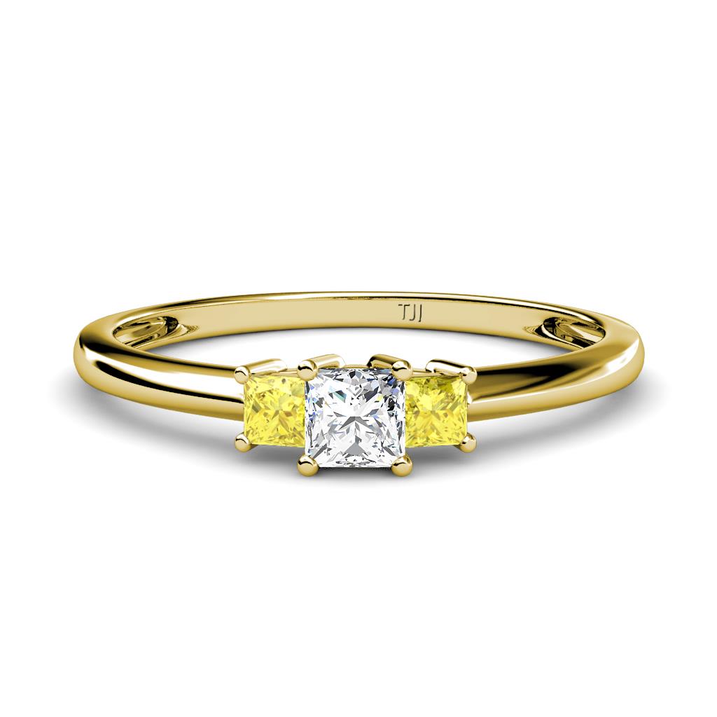 Eadlin Princess Cut Diamond and Yellow Sapphire Three Stone Engagement Ring 