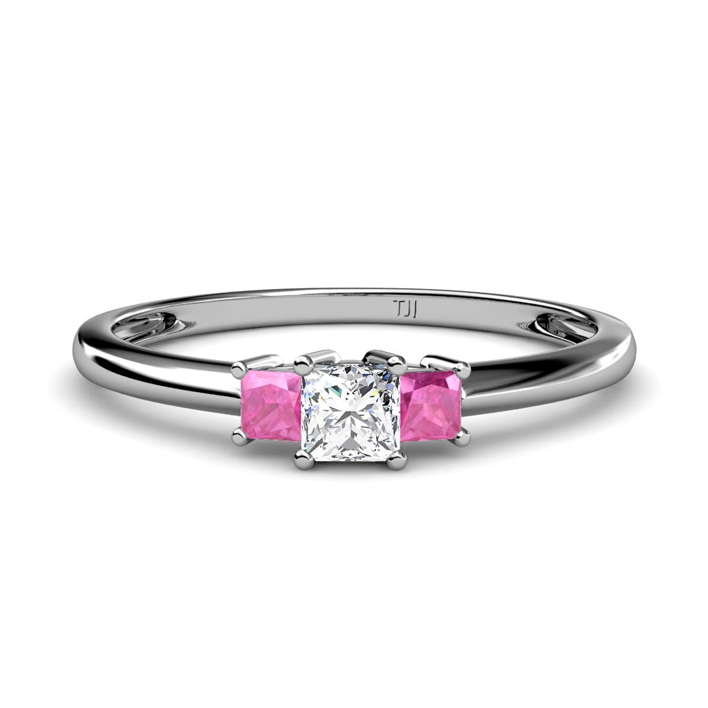 Eadlin Princess Cut Diamond and Pink Sapphire Three Stone Engagement Ring 