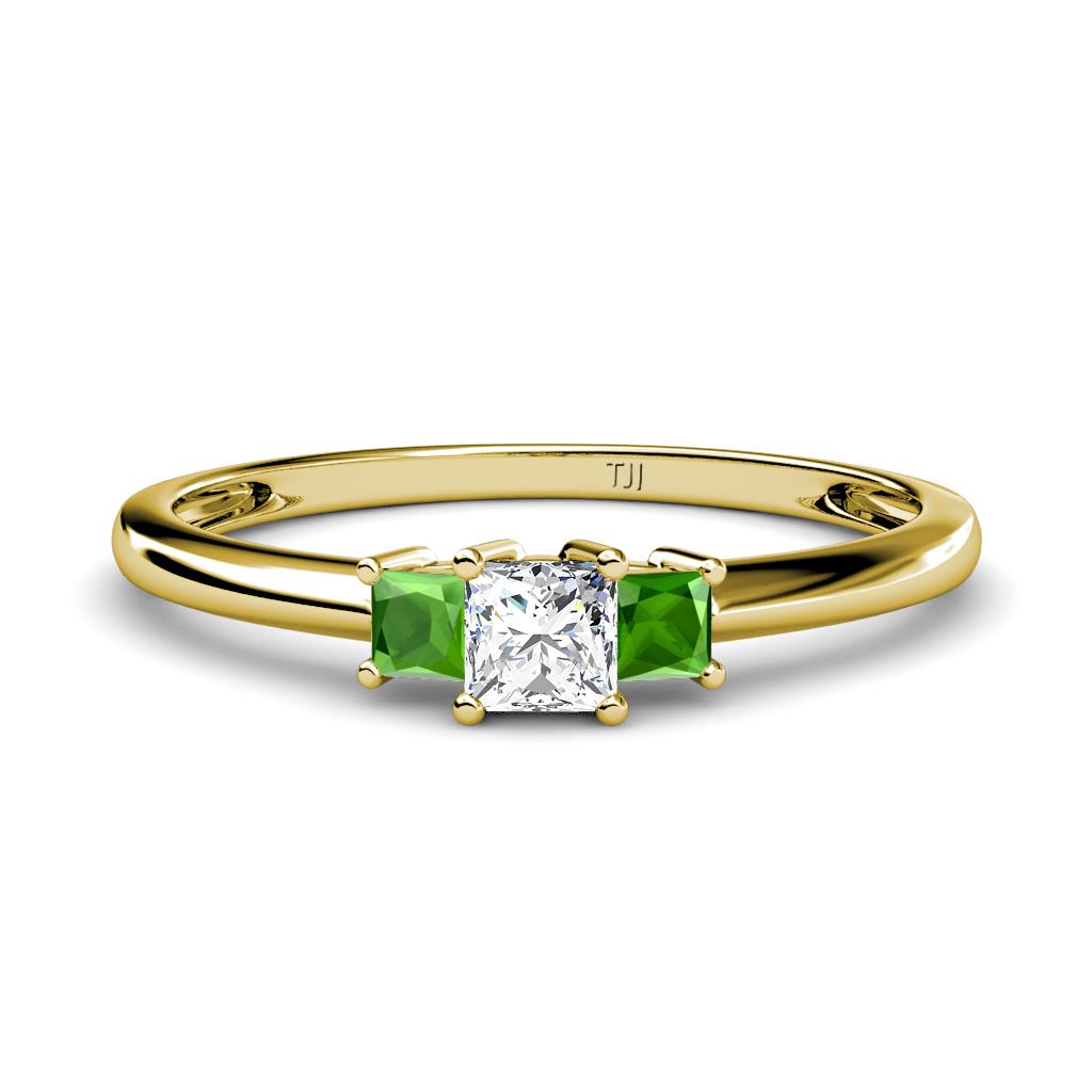 Eadlin Princess Cut Diamond and Green Garnet Three Stone Engagement Ring 
