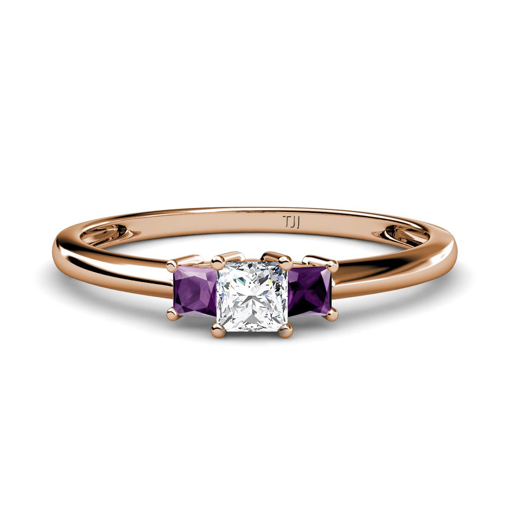 Eadlin Princess Cut Diamond and Amethyst Three Stone Engagement Ring 