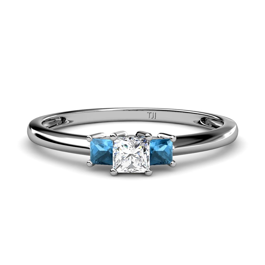 Eadlin Princess Cut Diamond and Blue Topaz Three Stone Engagement Ring 