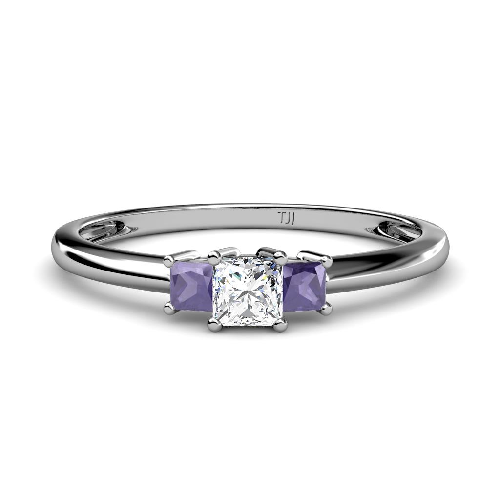 Eadlin Princess Cut Diamond and Iolite Three Stone Engagement Ring 