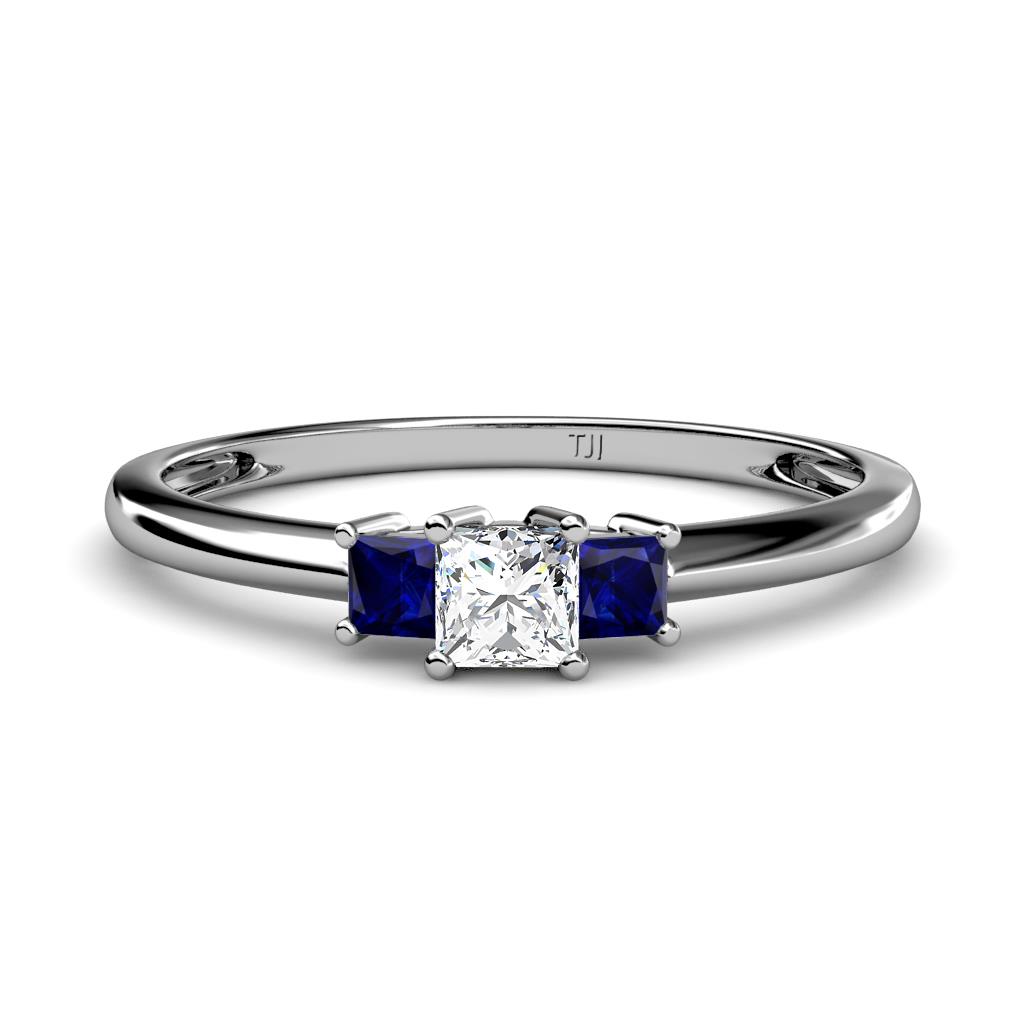 Eadlin Princess Cut Diamond and Blue Sapphire Three Stone Engagement Ring 