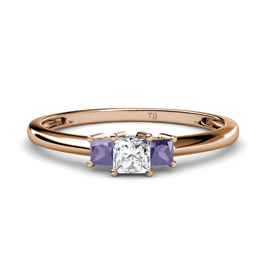 Eadlin Princess Cut Diamond and Iolite Three Stone Engagement Ring 