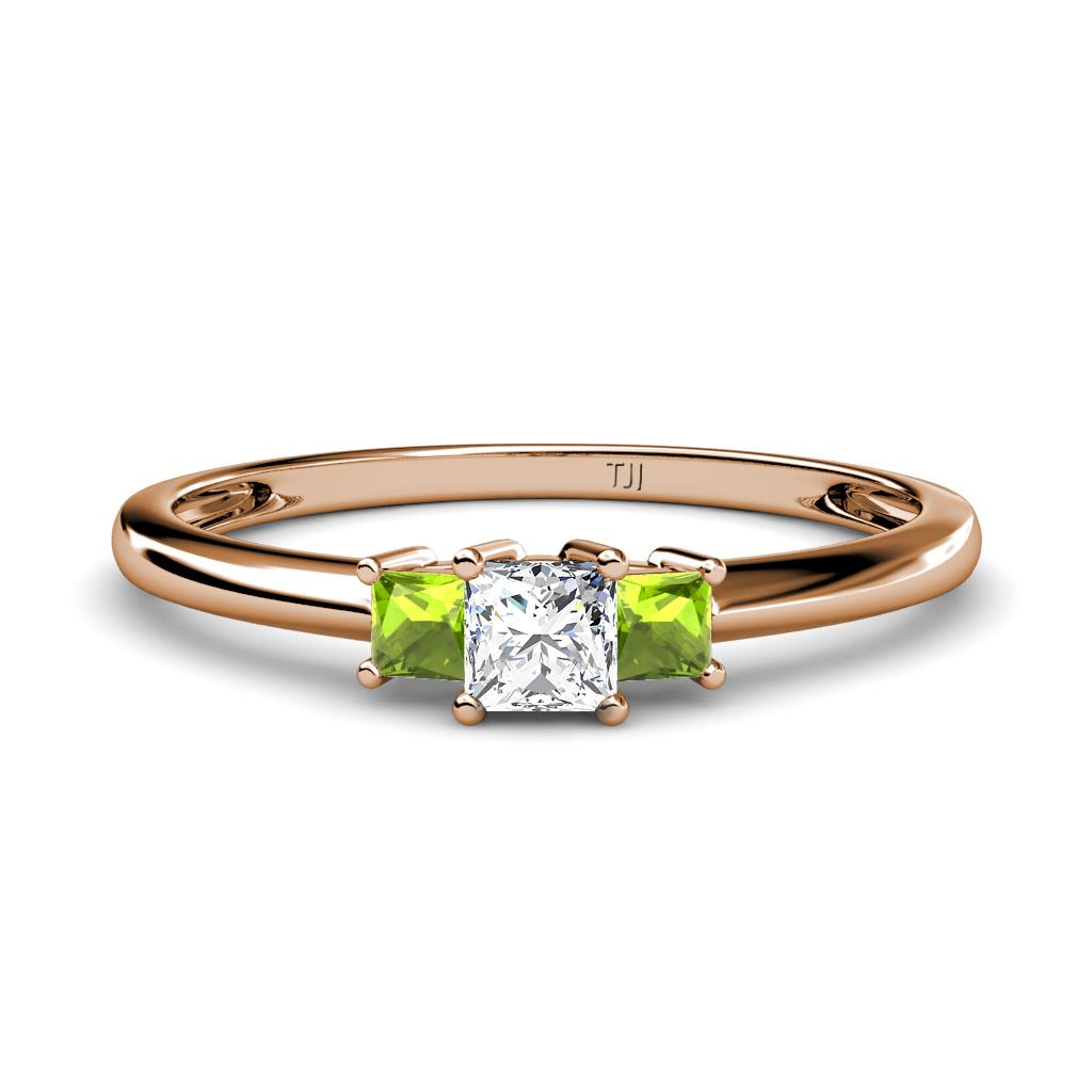 Eadlin Princess Cut Diamond and Peridot Three Stone Engagement Ring 