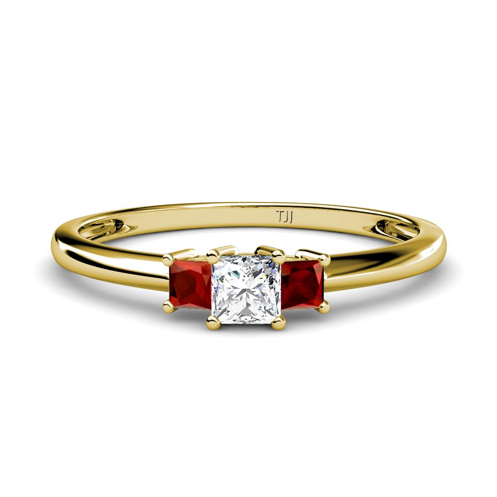Eadlin Princess Cut Diamond and Red Garnet Three Stone Engagement Ring 