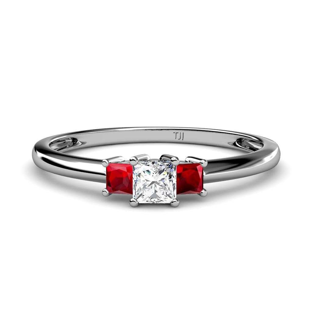 Eadlin Princess Cut Diamond and Ruby Three Stone Engagement Ring 