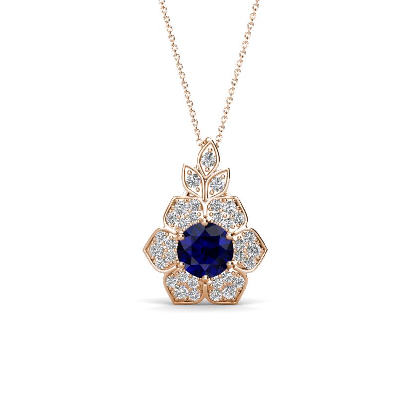 Alice 5.00 mm Round Blue Sapphire and Diamond Floral Halo Pendant Necklace 