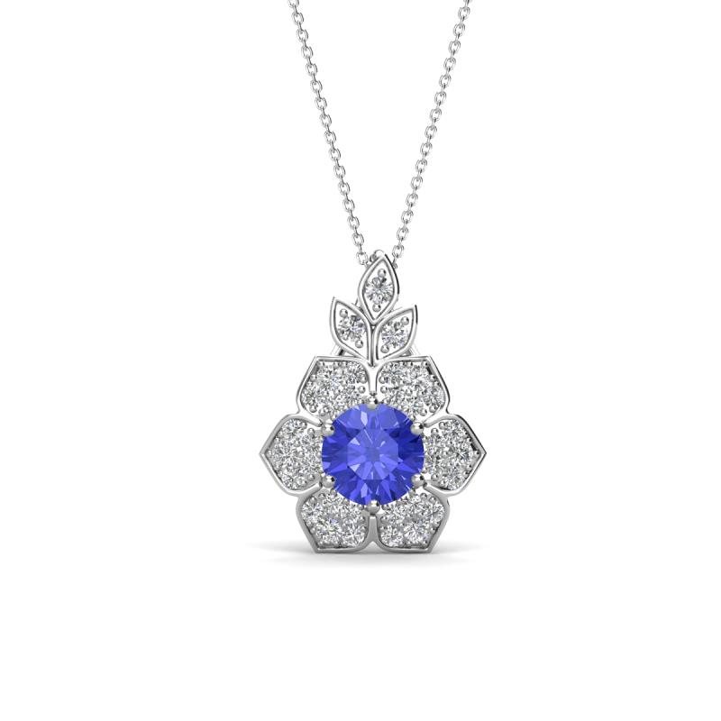 Alice 5.00 mm Round Tanzanite and Diamond Floral Halo Pendant Necklace 