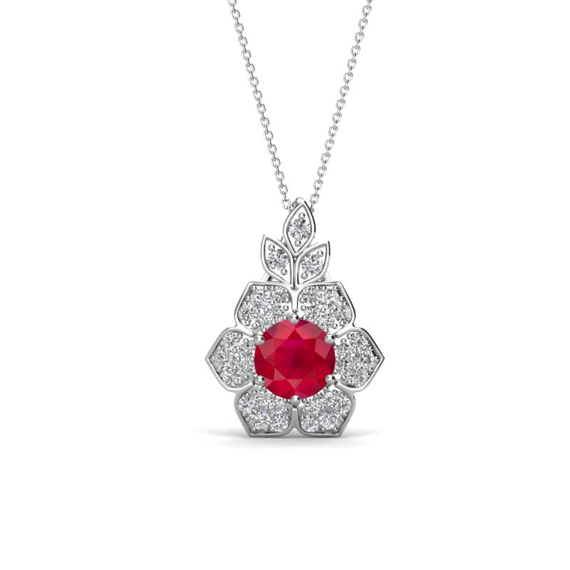 Alice 5.00 mm Round Ruby and Diamond Floral Halo Pendant Necklace 