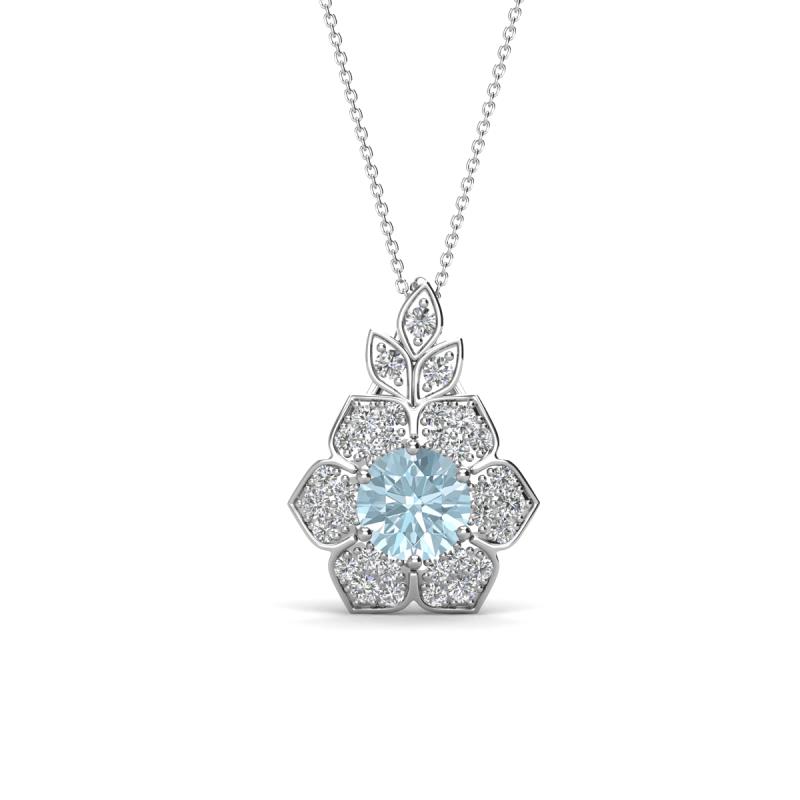 Alice 5.00 mm Round Aquamarine and Diamond Floral Halo Pendant Necklace 