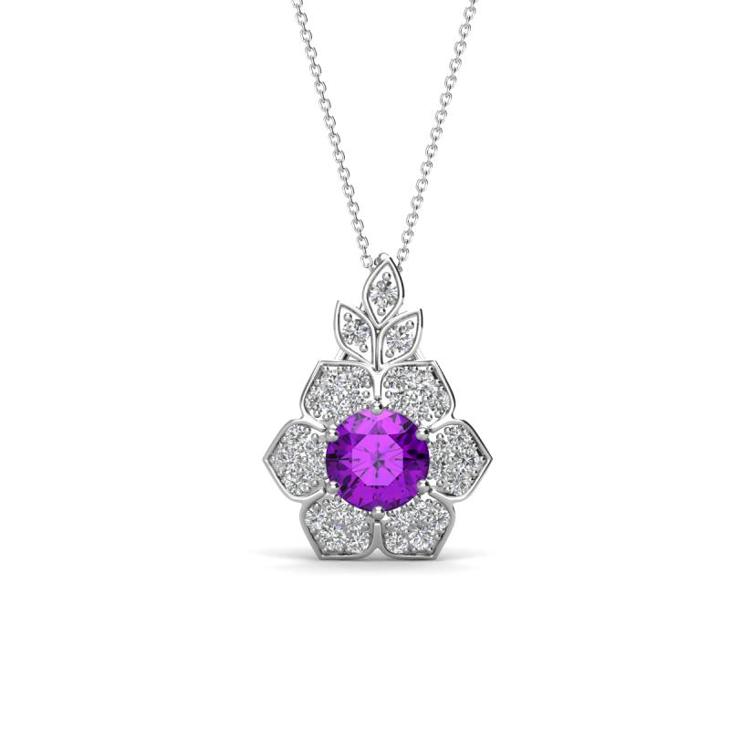 Alice 5.00 mm Round Amethyst and Diamond Floral Halo Pendant Necklace 