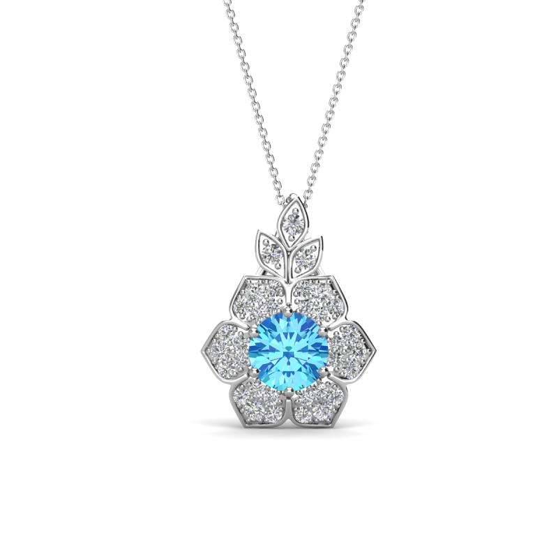 Alice 5.00 mm Round Blue Topaz and Diamond Floral Halo Pendant Necklace 