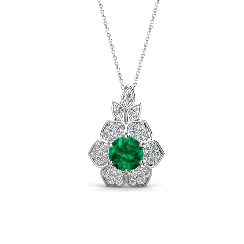 Alice 5.00 mm Round Emerald and Diamond Floral Halo Pendant Necklace 