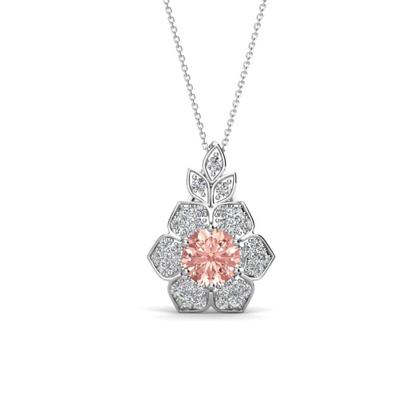 Alice 5.00 mm Round Morganite and Diamond Floral Halo Pendant Necklace 