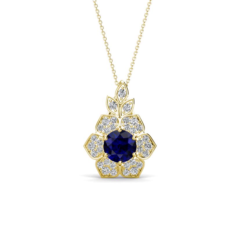 Alice 5.00 mm Round Blue Sapphire and Diamond Floral Halo Pendant Necklace 