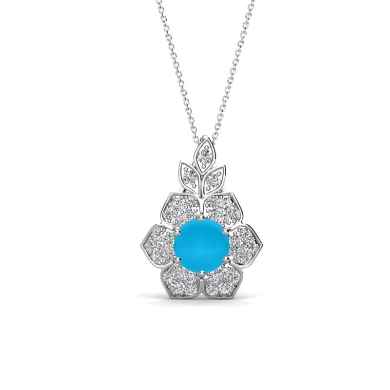 Alice 5.00 mm Round Turquoise and Diamond Floral Halo Pendant Necklace 