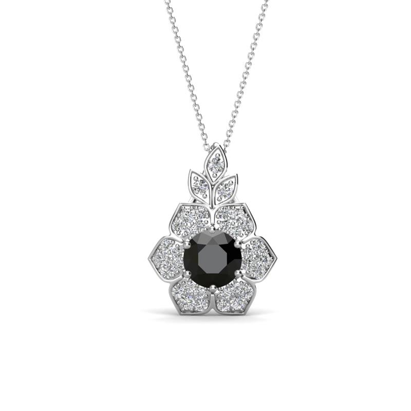 Alice 5.00 mm Round Black Diamond and Lab Grown Diamond Floral Halo Pendant Necklace 