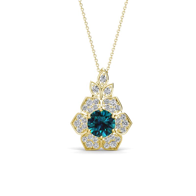 Alice 5.00 mm Round Blue Diamond and Lab Grown Diamond Floral Halo Pendant Necklace 