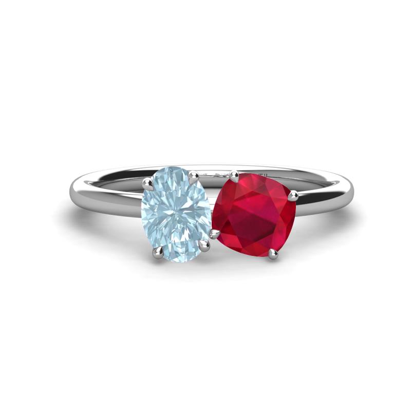 Tanya Oval Shape Aquamarine & Cushion Shape Ruby 2 Stone Duo Ring 