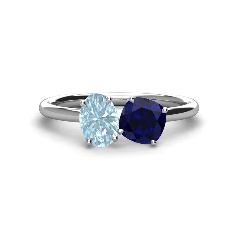 Tanya Oval Shape Aquamarine & Cushion Shape Blue Sapphire 2 Stone Duo Ring 