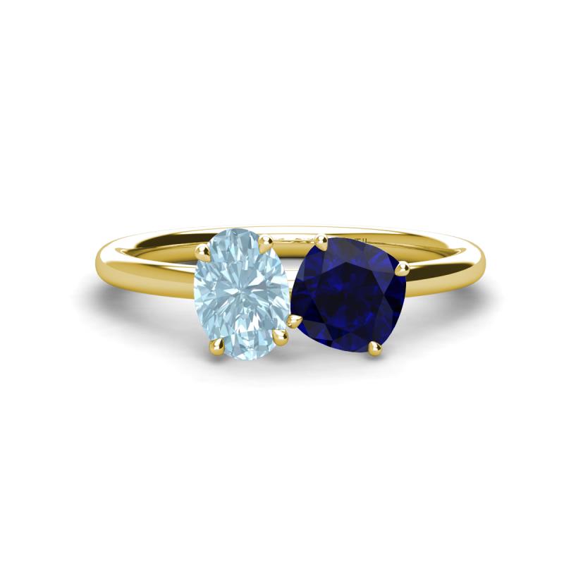 Tanya Oval Shape Aquamarine & Cushion Shape Blue Sapphire 2 Stone Duo Ring 