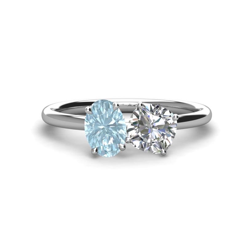 Tanya Oval Shape Aquamarine & Cushion Shape Forever One Moissanite 2 Stone Duo Ring 