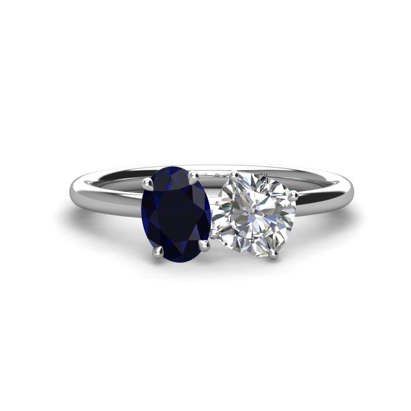 Tanya Oval Shape Blue Sapphire & Cushion Shape Forever Brilliant Moissanite 2 Stone Duo Ring 