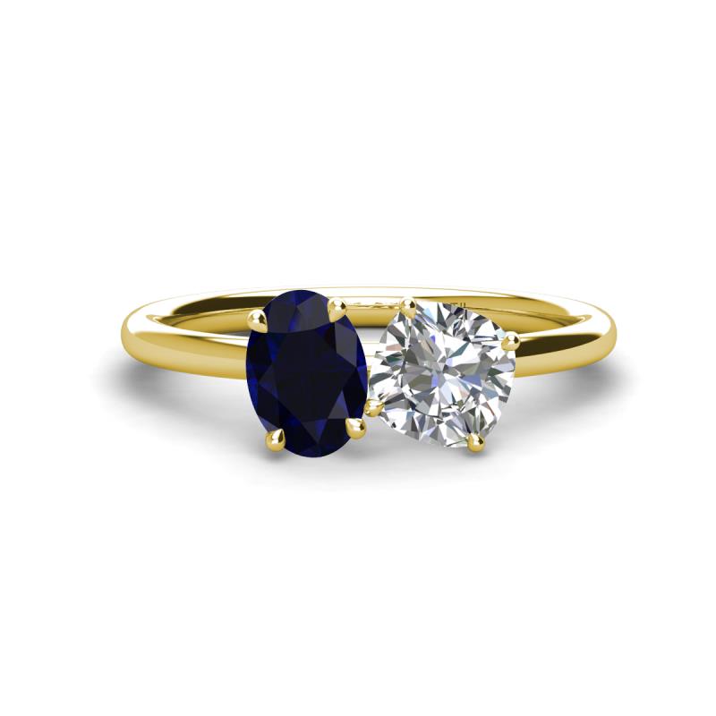 Tanya Oval Shape Blue Sapphire & Cushion Shape Forever One Moissanite 2 Stone Duo Ring 