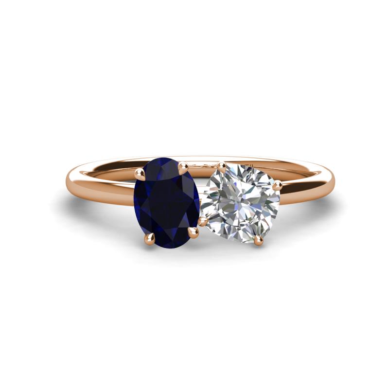 Tanya Oval Shape Blue Sapphire & Cushion Shape Forever One Moissanite 2 Stone Duo Ring 